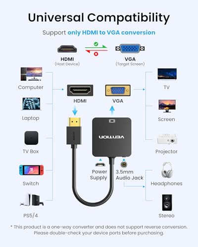 VENTION HDMI to VGA Adapter 0.5FT, Uni-Directional HDMI(Source) to VGA(Display) Converter (Male to Female) 1080P@60Hz with 3.5mm Audio and Micro USB Cable for PC/Projector/Monitor - color: 0.5 FT-152MM