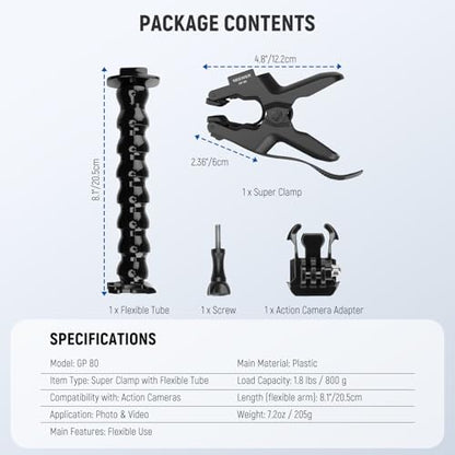 NEEWER Flexible Clamp Mount Compatible with GoPro DJI Action Cameras, Jaw Flex Super Clamp Holder, Desk Pole Clip Mount with Tube & Adapter Accessories for Photography & Video Recording, GP-80 - style: GP-80