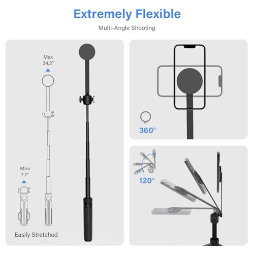 PHOPIK 35" Magnetic Selfie Stick Phone Tripod, Extendable Phone Tripod with Cold Shoe and Remote,Compatible with iPhone/Android/Sport Camera Perfect for Video Recording/Selfies/Insta360 x5（Black） - size: SS21-B