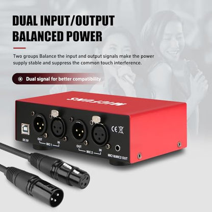 MC new 2 Channel 48V Phantom Power Supply with 3.5mm Audio Cable to Connect Audio Interface for Condenser Microphone Music Recording Equipment (MC2-new red)