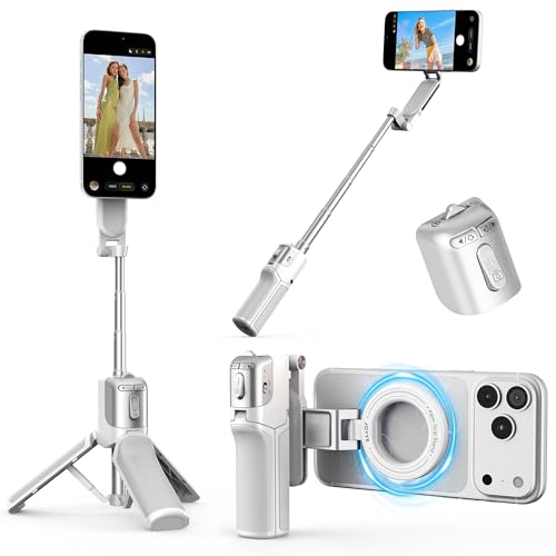 Magnetic Mini Selfie Stick Tripod for iPhone & Android, 19" Pocket Size 4-in-1 Phone Tripod with Detachable Wireless Shutter Remote & Ergonomic Grip, for Travel TikTok Vlogging (Up-White) - color: New White