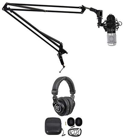 Rockville RCM01 Bundle: Pro Studio Recording Condenser Microphone with Metal Shock Mount, DMS40 40 in Boom Arm USB Mic Stand with Desk Clamp, PRO-M50 Studio Headphones with Case, 3-Items