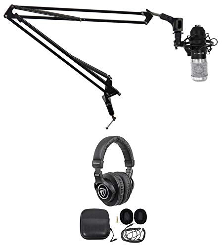 Rockville RCM01 Bundle: Pro Studio Recording Condenser Microphone with Metal Shock Mount, DMS40 40 in Boom Arm USB Mic Stand with Desk Clamp, PRO-M50 Studio Headphones with Case, 3-Items