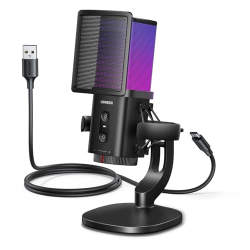 UGREEN USB Gaming Microphone for Streaming & Voice Chat, 24bit/96kHz Condenser Mic with Quick Mute, Zero-Latency Monitoring, Pop Filter, Shock Mount, & RGB Light for PC, PS5, Discord, Podcasts