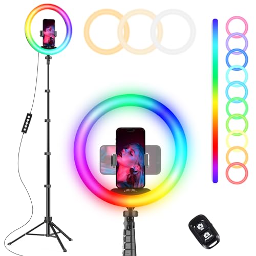 UBeesize 12” RGB Selfie Ring Light with 62” Extendable Tripod Stand & Remote, LED Light with Phone Holder for Video Recording/Makeup/Content Creator (YouTube/TikTok/Twitch), Phone, Camera & Webcam - color: RGB,White,Warm,Daylight, size: 12"