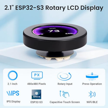ELECROW ESP32 Rotary Display 480x480-2.1 Inch HMI IPS Round Knob Touch Display Development Board, 2.4G WiFi and BLE Capacitive Touch Screen Compatible with Arduino IDE and The LVGL Library, Black - size: 2.1" ESP32 Rotary Display