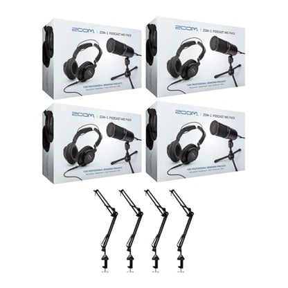Zoom Zdm 1 4 Person Podcast Mic Pack (8 Items) | Includes 4x Zdm-1 Podcast Mic Packs, Zhp-1 Headphones, Tps-4 Stand, Windscreen, 2m Xlr) Plus 4 Knox Gear Boom Arms, (4 Pack)