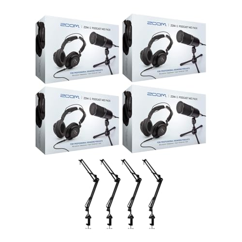Zoom Zdm 1 4 Person Podcast Mic Pack (8 Items) | Includes 4x Zdm-1 Podcast Mic Packs, Zhp-1 Headphones, Tps-4 Stand, Windscreen, 2m Xlr) Plus 4 Knox Gear Boom Arms, (4 Pack)
