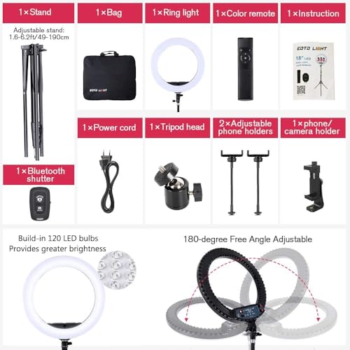 18 inch LED Ring Light with Tripod Stand Dimmable Makeup Selfie Ring Light for Studio Portrait YouTube Vlog Video Shooting with Carrying Bag and Remote Controller, CRI 90
