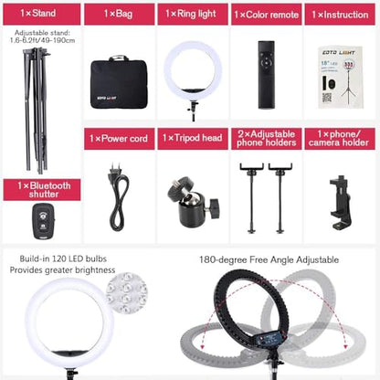 18 inch LED Ring Light with Tripod Stand Dimmable Makeup Selfie Ring Light for Studio Portrait YouTube Vlog Video Shooting with Carrying Bag and Remote Controller, CRI 90