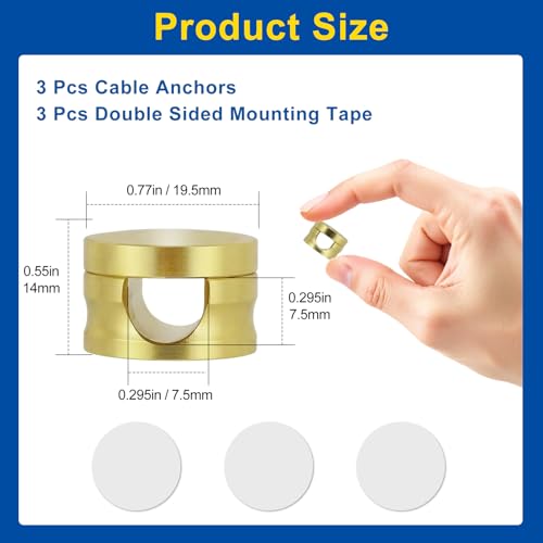 3 Pack Upgraded Cord Management Clips with Extra-Large Adhesive Base, Stronger Hold Phone Charger Holder for Nightstand, Premium Aluminum Gold Sticky USB Wire Organizer Cable Clips for Desk