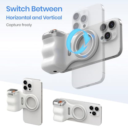 Magnetic Phone Camera Grip, Smartphone Shooting Holder Selfie Handle Snap with Wireless Shutter Button Remote for iPhone 16 15 14 13 12 Pro Max Android Cellphone Vlog Video Photography(White) - color: White