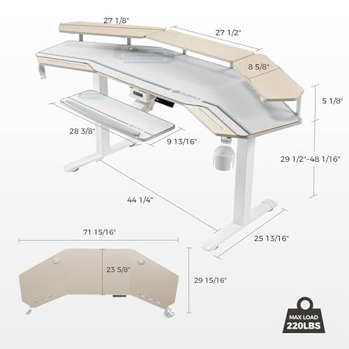 EUREKA ERGONOMIC Standing Desk with Keyboard Tray, Large Music Studio Gaming Desk, Wing Shaped Sit Stand Table 72'', LED Convertible Shelves, Dual Motor&Slot, Maple - color: Maple, size: 72"W x 35"H-Adjustable