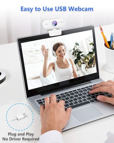 Webcam 1080P HD,Web cam with Microphone, Noise Cancellation, Wide-Angle Lens, Auto Light Correction, Plug & Play USB Webcam for Laptop, Desktop, PC, Mac, Zoom, Skype, Streaming,White