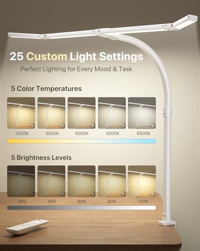 ONEMIX 42" LED Desk Lamp with Clamp, Architect Desk Light with Remote, Adjustable 4-Segment Bar, 1800LM Bright, Eye-Caring Desk Lamp for Home Office, Reading, Study, Dual Monitors, Workbench (White) - color: White