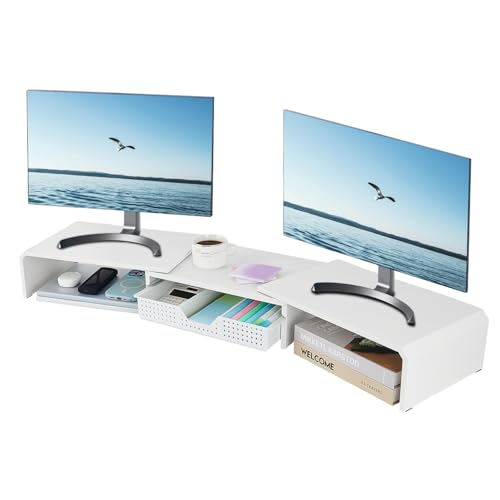 LEKETREE Dual Monitor Stand Riser with Drawer, Desk Organizer and Accessories, Metal Laptop Stand for Desk, Workspace Desktop Stand for Computer, Laptop, TV and More (White) - color: White-1
