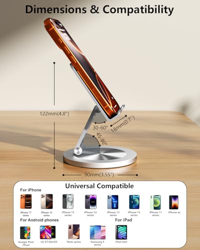 Phone Stand for Desk, 360° Rotating Dual Adjustable Foldable Holder, Heavy Solid All-Aluminum Base Anti-Slip Stable Support for Home Office Study, Fits iPhone Galaxy 4-8" Phones (Grey+Silver) - color: Grey+Silver