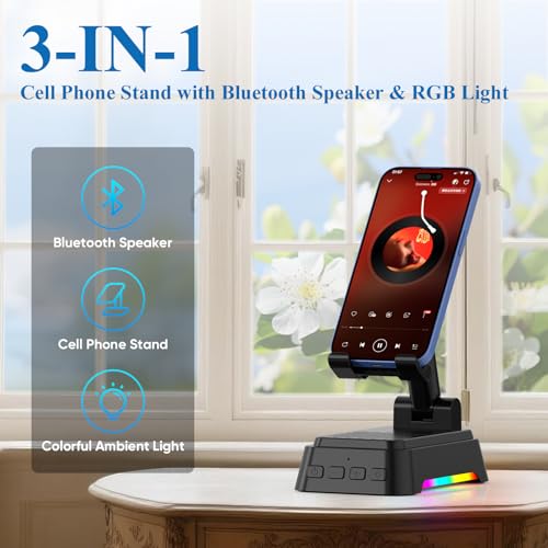 Gifts for Men Women, Cell Phone Stand with Bluetooth Speaker and Ambient Light, Stereo Sound, Adjustable Phone Holder, Cool Tech/Christmas/Birthday Gift Idea for Dad Mom Husband