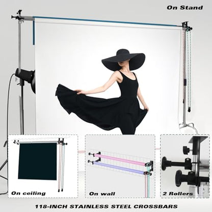 MagicLine Photography Backdrop 2 Roller Support System, 118" Wall Mount Manual Background Holder for Ceiling/Light Stand,Crossbars for Heavy Duty Backdrop Stand for Small&Home Studio(Stability)