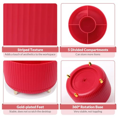 SKYDUE 360 Degree Rotating Desk Organizer, Dual-Purpose Pencil Pen Holder, Pen Organizer with 5 Slots, Pencil Cup for Office, School, Home - color: Red