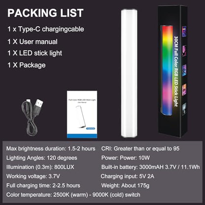 114 LEDs RGB Video Light Wand, Magnetic Handheld Magnetic Tube Light 2500K-9000K CCT & 20 Scene Modes with 3000mAh Battery, 95+ CRI, 120° Beam Angle for Photography YouTube TikTok Vlog - size: 11.8 inch