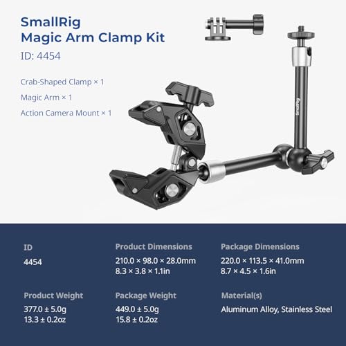 SMALLRIG Magic Arm Clamp Kit, Camera Mount Articulating Friction Arm w Super Clamp, w 1/4"-20 Screw and Thread Hole, for Camera, Light, Monitor, Webcam or Action Camera 1.5kg, for Table, Tube