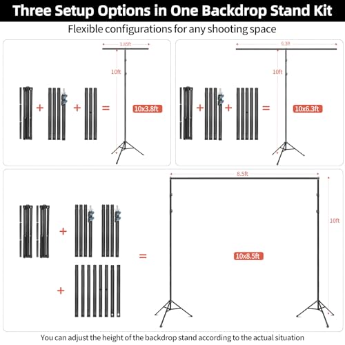 Hemmotop 3-in-1 Heavy Duty Adjustable Backdrop Stand – 10x8.5ft | With 2 Sandbags, 7 Widths, Assembles to T-Shaped Stand, for Banner, Projector Screen, Balloon, Ideal for Wedding, Birthday - size: 10x8.5ft