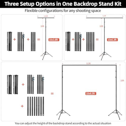 Hemmotop 3-in-1 Heavy Duty Adjustable Backdrop Stand – 10x8.5ft | With 2 Sandbags, 7 Widths, Assembles to T-Shaped Stand, for Banner, Projector Screen, Balloon, Ideal for Wedding, Birthday - size: 10x8.5ft