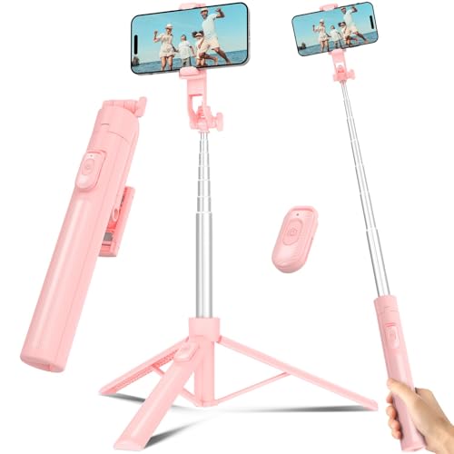 Selfie Stick Travel Tripod for Cell Phone with Remote Control and Phone Holder, Extendable Selfie Stick for iPhone, iPhone Tripod for Video Recording, 63 Inch, Pink - color: Pink, size: 63 Inch