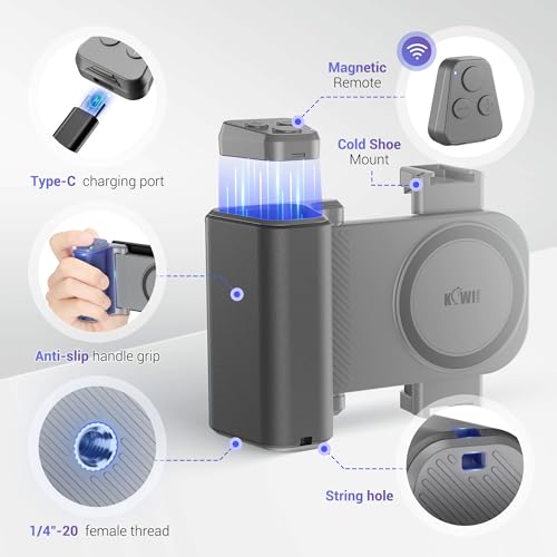 KIWIFOTOS Travel Phone Camera Grip Smartphones Camera Handle | for iPhone 17 16 Pro Max Galaxy S25 S24 Selfie Vlog Video Shooting, with Cold Shoe Mount, without Tripod, Bluetooth remote - color: Clip on Phone Camera Grip Gray