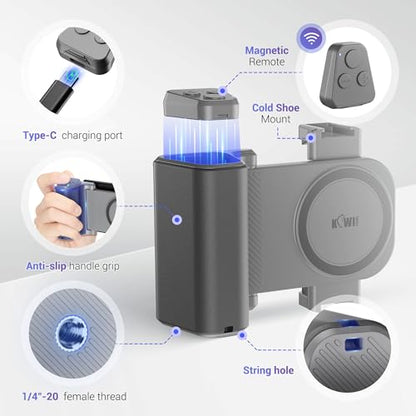 KIWIFOTOS Travel Phone Camera Grip Smartphones Camera Handle | for iPhone 17 16 Pro Max Galaxy S25 S24 Selfie Vlog Video Shooting, with Cold Shoe Mount, without Tripod, Bluetooth remote - color: Clip on Phone Camera Grip Gray