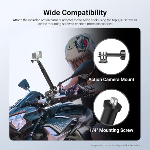 NEEWER Motorcycle Mount Accessories Kit Compatible with GoPro Insta360 DJI, Bike Tail Handlebar Invisible Selfie Stick Double Clamp Holder with Action Camera Adapter for POV Video Recording, GP-30