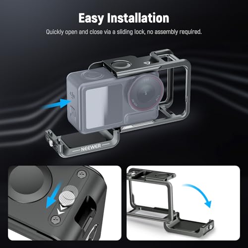 NEEWER AC014 Action 5 Pro Cage Video Rig with Cold Shoe, 1/4" Thread, Shutter Button, Cleaning Cloth Compatible with DJI Osmo Action 5 Pro / 4/3 DJI Mic Magnetic Adapter Mount, Dark Gray - style: AC014 Cage (Dark Gray)