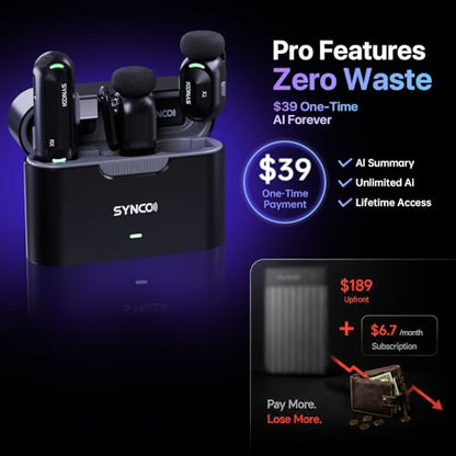 SYNCO AI Mini Wireless Lavalier Microphone for Android USB-C Creators | AI Translation & Instant Summaries, AI Noise Reduction and Mind Maps, Save Time for Vlogs, Interviews, Meetings, Travel