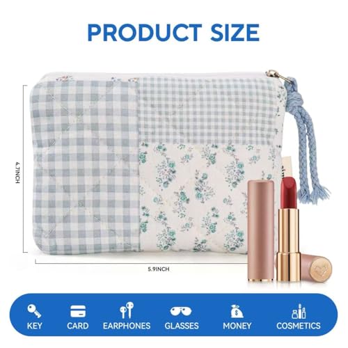Cotton Quilted Floral Coin Purse Digital Camera Pouch,Small Quilted Cotton Makeup Bag for Purse,Travel Toiletry Pouch, Lipstick Bag Data Cable Organizer (Blue)