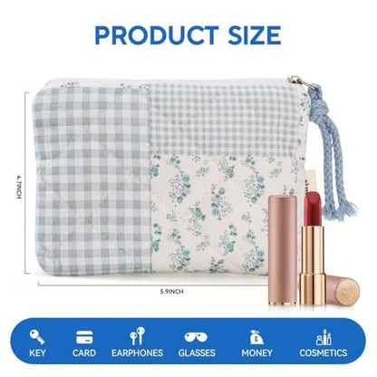 Cotton Quilted Floral Coin Purse Digital Camera Pouch,Small Quilted Cotton Makeup Bag for Purse,Travel Toiletry Pouch, Lipstick Bag Data Cable Organizer (Blue)