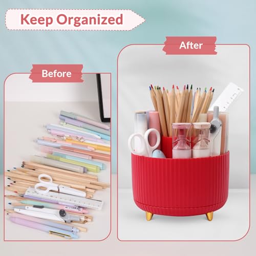 SKYDUE 360 Degree Rotating Desk Organizer, Dual-Purpose Pencil Pen Holder, Pen Organizer with 5 Slots, Pencil Cup for Office, School, Home - color: Red