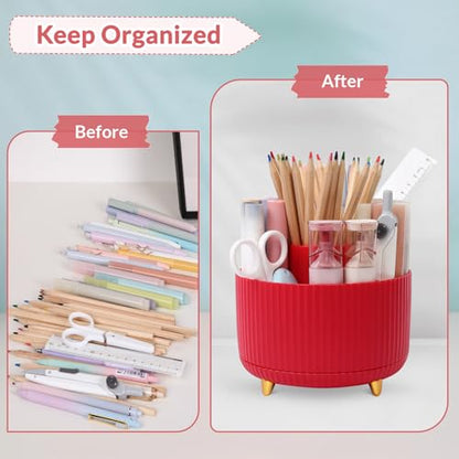 SKYDUE 360 Degree Rotating Desk Organizer, Dual-Purpose Pencil Pen Holder, Pen Organizer with 5 Slots, Pencil Cup for Office, School, Home - color: Red