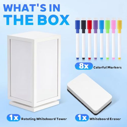 Lincia 12" x 6.5" x 6.5" 4-Sided Rotating Desktop Whiteboard Tower, Dry Erase Board Planner with 8 Markers and Eraser, Multi-Surface Memo Board for to-Do Lists, Weekly Planning, Office, Home, School - style: 4-sided