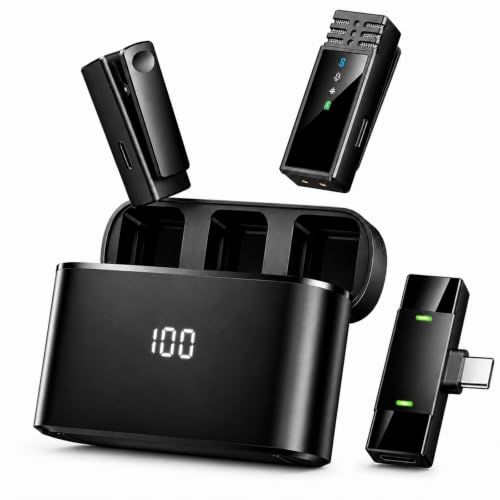 Wireless Lavalier Microphone for iPhone/Samsung/Android, 2 Mics, USB-C Port | 2 Clip-On Mics with Noise Reduction, 34h Using Time with Charging Case, 48kHz Audio 66ft Range for Video Recording USB C