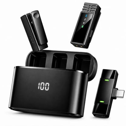 Wireless Lavalier Microphone for iPhone/Samsung/Android, 2 Mics, USB-C Port | 2 Clip-On Mics with Noise Reduction, 34h Using Time with Charging Case, 48kHz Audio 66ft Range for Video Recording USB C