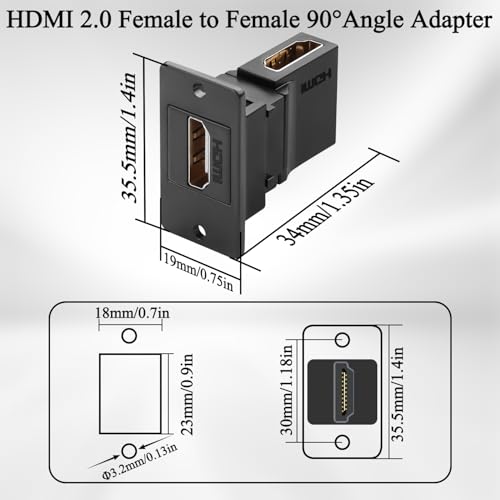 QIANRENON 4K HDMI Rectangular Panel 90° Angle Adapter Coupler HDMI 2.0 Female to Female Bulkhead Mount Right Angle Connector HD Display Socket, Mounted Desktop Wall, for HDTV PC Monitor Projector