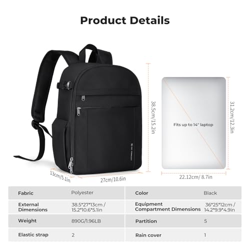 K&F CONCEPT Lightweight Camera Backpack Bag, Professional Photography Bag Compatible with Canon/Nikon/Sony Camera and Lens Accessories, Camera Case with Tripod Strap & Rain Cover - color: 01-Light Black