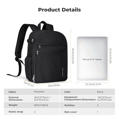 K&F CONCEPT Lightweight Camera Backpack Bag, Professional Photography Bag Compatible with Canon/Nikon/Sony Camera and Lens Accessories, Camera Case with Tripod Strap & Rain Cover - color: 01-Light Black