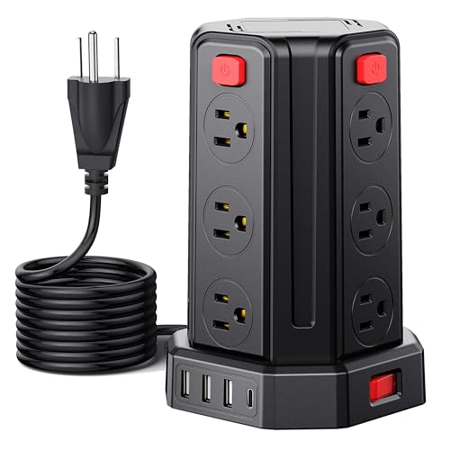 Power Strip Surge Protector, 16.4 Ft Extension Cord with 12 AC Multiple Outlets 4 USB (1 USB C), SMALLRT Power Tower Desktop Charging Station - color: Black, size: 16.4 ft
