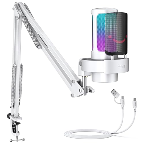 FIFINE Gaming PC USB Microphone Kit, Condenser RGB Mic with Metal Boom Arm, Mute, Gain Knob, Headphones Monitoring, Streaming Microphone Bundle for PS4/PS5, YouTube, Discord, Twitch-A8T White - size: A8TW-Boom Arm