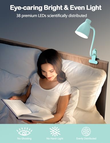 BOHON Desk Lamp with Clamp, Clip on Light, 5 Color 10 Brightness, Teal | 10W 38 LED Flexible Gooseneck Clip Lamp, Auto Off Timer, Desk Lights for Office Home Bed Bedside Reading, Adapter Include - color: Teal