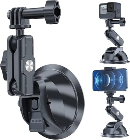 TELESIN Suction Cup Car Mount with Phone Holder, Windshield Window Dashboard Boats Vehicle Attach for DJI Osmo Pocket 4/3 Action 6/5/4 GoPro Mission 1 PRO Hero 13 Insta360 Luna Ultra Xtra Camera Mount - color: Suction Mount+Phone Holder