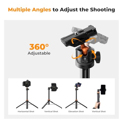 K&F CONCEPT MS08 62'' Phone Selfie Stick Tripod, 2-in-1 Extendable Cell Phone Tripod Stand with Remote, 360° Ball Head Camera Tripod Compatible with DJI Osmo Pocket 4/3 GoPro 13/12 iPhone17. - color: Black