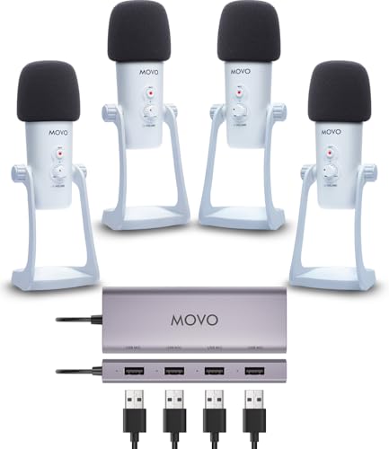 Movo USB Podcast Equipment Bundle for 4 – USB Interface with 4 UM700 Condenser Microphones – 4-Port Powered Hub for Streaming, Podcasting, Interviews (White) - style: with 4 Mics (White)